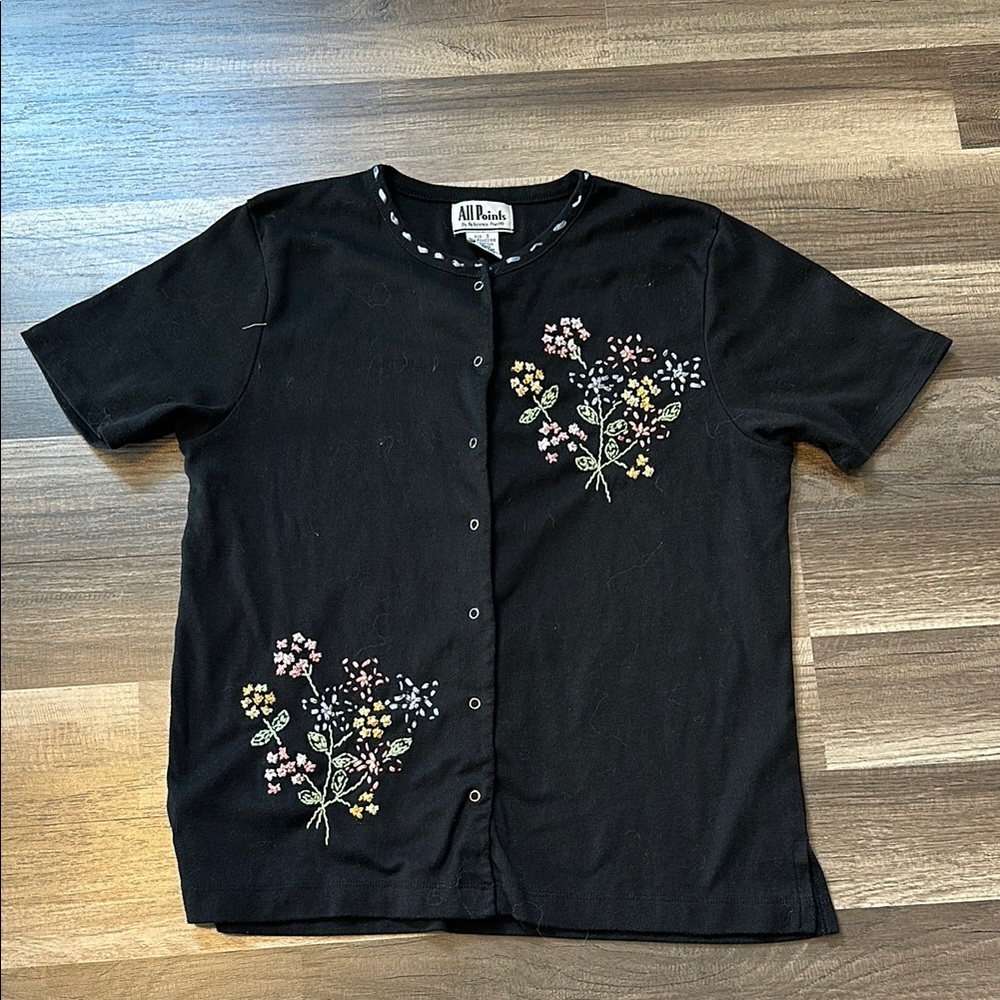 Black Floral Embroidered Button-Up Top